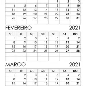 Calendário Janeiro, Fevereiro, Março 2021 Calendário Janeiro, Fevereiro, Março 2021