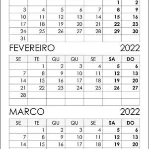 Calendário Janeiro, Fevereiro, Março 2022 Calendário Janeiro, Fevereiro, Março 2022