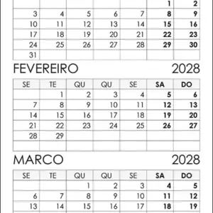 Calendário Janeiro, Fevereiro, Março 2028 Calendário Janeiro, Fevereiro, Março 2028