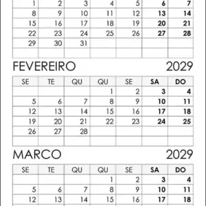 Calendário Janeiro, Fevereiro, Março 2029 Calendário Janeiro, Fevereiro, Março 2029