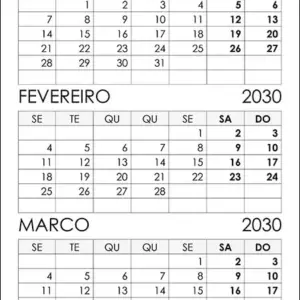 Calendário Janeiro, Fevereiro, Março 2030 Calendário Janeiro, Fevereiro, Março 2030