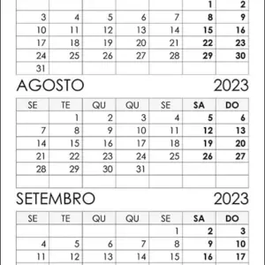 Calendário Julho, Agosto, Setembro 2023