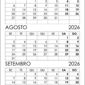Calendário Julho, Agosto, Setembro 2026 Calendário Julho, Agosto, Setembro 2026