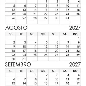 Calendário Julho, Agosto, Setembro 2027