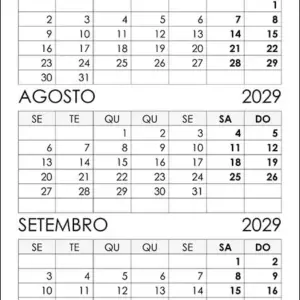 Calendário Julho, Agosto, Setembro 2029