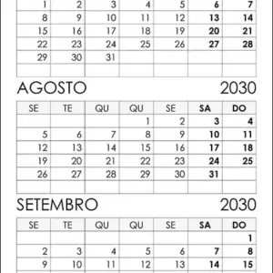 Calendário Julho, Agosto, Setembro 2030 Calendário Julho, Agosto, Setembro 2030