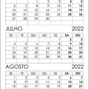 Calendário Junho, Julho, Agosto 2022 Calendário Junho, Julho, Agosto 2022