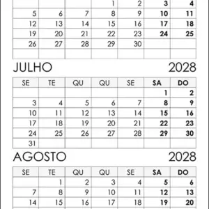 Calendário Junho, Julho, Agosto 2028