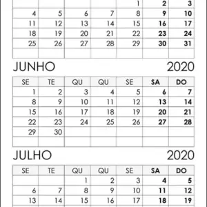 Calendário Maio, Junho, Julho 2020