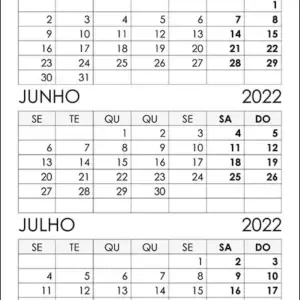 Calendário Maio, Junho, Julho 2022