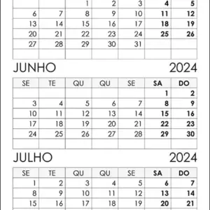 Calendário Maio, Junho, Julho 2024