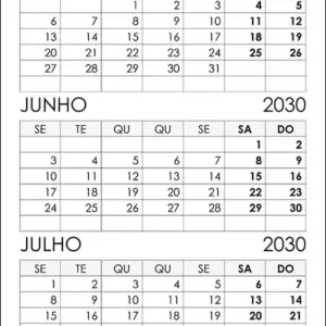 Calendário Maio, Junho, Julho 2030