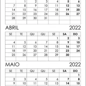 Calendário Março, Abril, Maio 2022