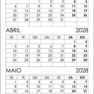 Calendário Março, Abril, Maio 2028 Calendário Março, Abril, Maio 2028