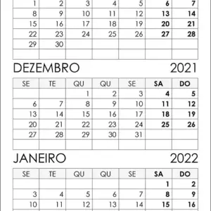 Calendário Novembro, Dezembro 2021 e Janeiro 2022